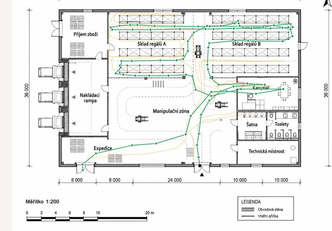 Spaghetti diagram výdeje skladu – pohyby pracovnice za směnu