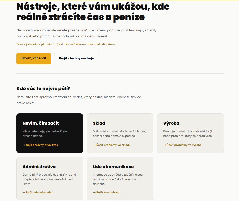 Rozcestník appky Tokva pro zlepšování bez znalosti KAIZEN